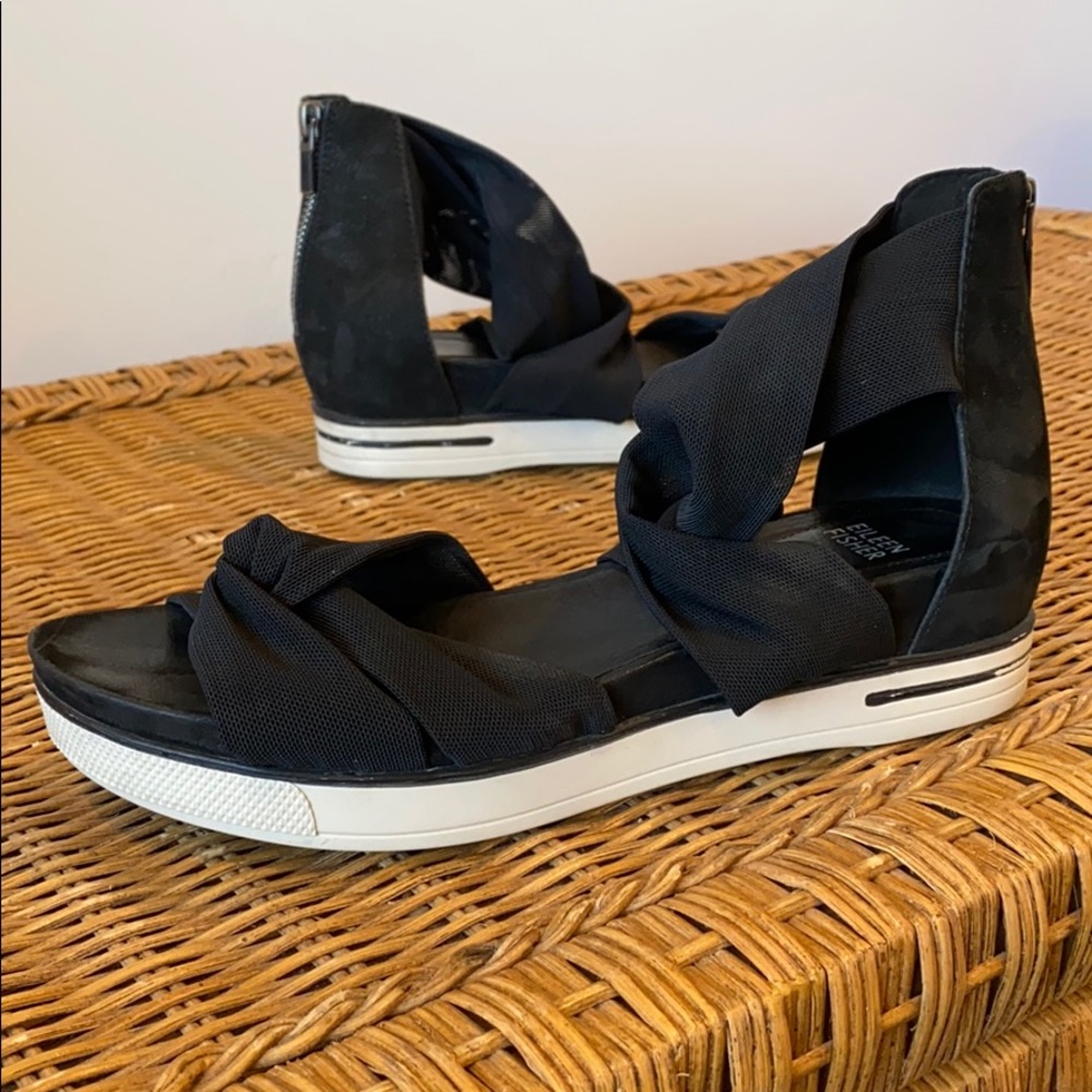 Eileen Fisher black mesh & suede platform sandal